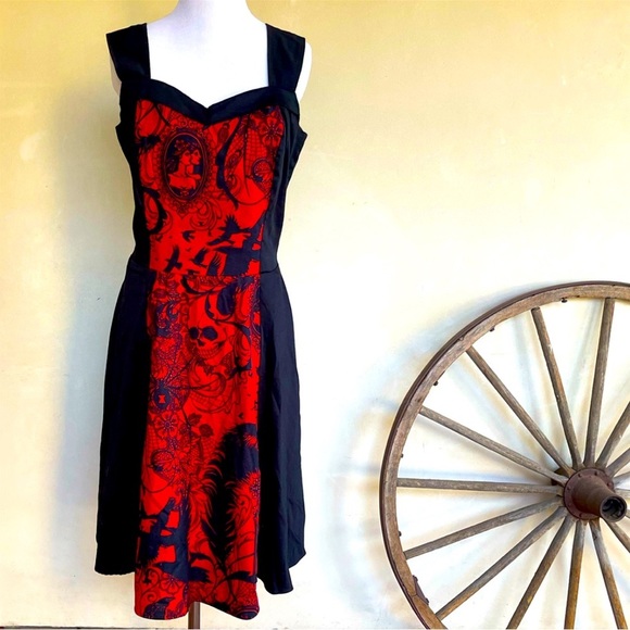 Hemet Dresses Hemet Gothic Halloween Black Red Midi Dress Skull
